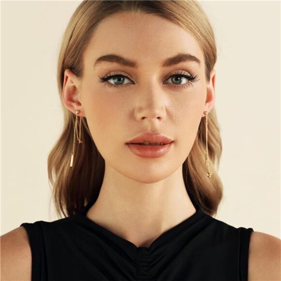 Chain Earrings for Women 18K Gold Plated Dainty Bar Drop Dangle Earrings - Picture 2 of 7